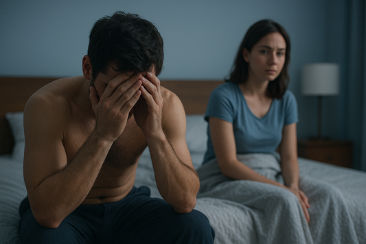 Illustration de l’éjaculation précoce : homme frustré et couple en difficulté